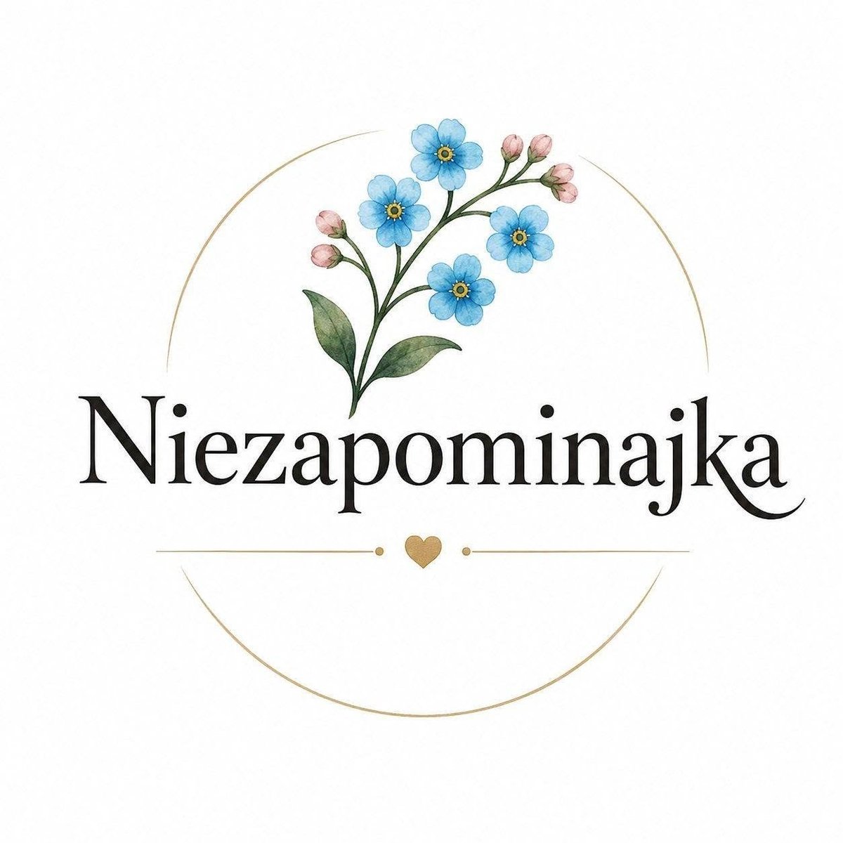 Niezapominajka logo with blue forget-me-not flowers, green leaves, gold circle border, and small heart design